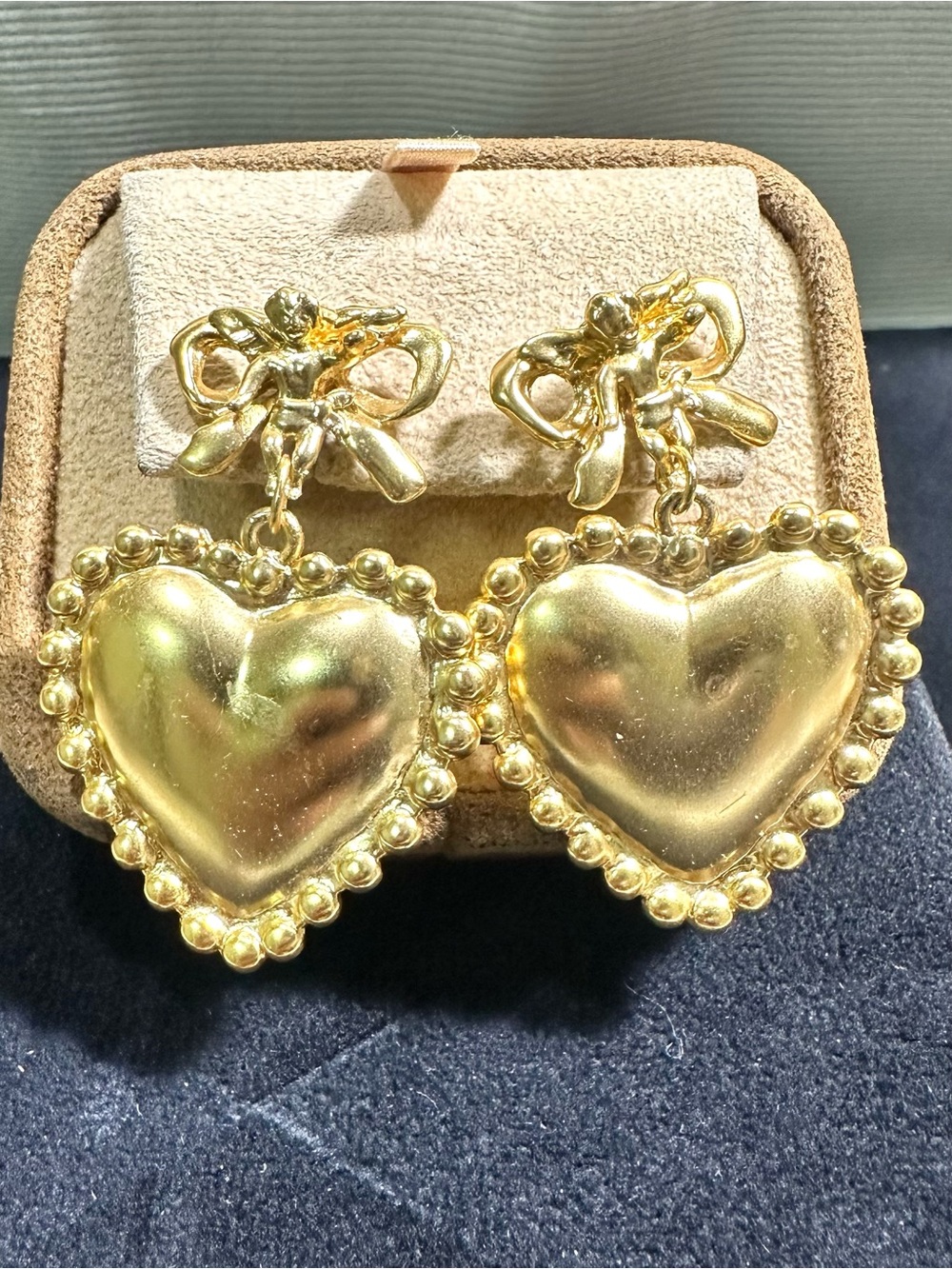 NOS/ Vtg Matte Gold Cherub, Ribbon & Articulated Heart Dangle Earrings